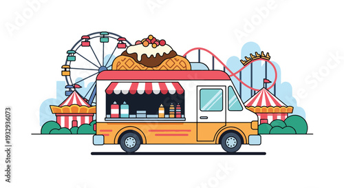 Modern vector illustration of waffle dessert food truck at carnival fair serving sweet snacks. Mobile dessert cafe concept with customers, toppings menu and outdoor festival lifestyle scene