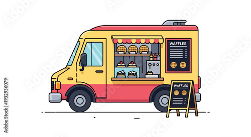 Modern vector illustration of waffle dessert food truck at carnival fair serving sweet snacks. Mobile dessert cafe concept with customers, toppings menu and outdoor festival lifestyle scene