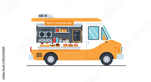 Modern vector illustration of waffle dessert food truck at carnival fair serving sweet snacks. Mobile dessert cafe concept with customers, toppings menu and outdoor festival lifestyle scene