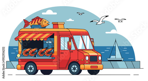 Modern vector illustration of seafood food truck near harbor serving grilled fish and shrimp. Coastal travel street food concept with tourists, outdoor dining and seaside lifestyle scene