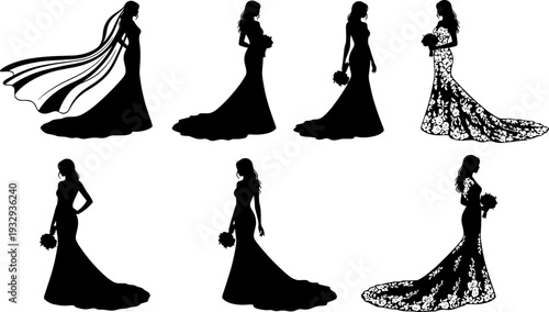 Bridal fashion silhouette illustration set, elegant wedding dress designs, bouquet poses, floral gown patterns, veil styles, black vector graphics