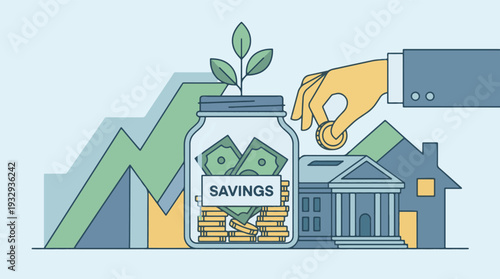 Financial Savings and Investment Growth Illustration with Jar, Money, and Assets