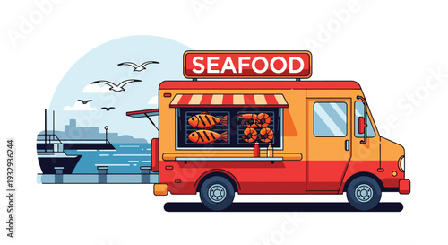 Modern vector illustration of seafood food truck near harbor serving grilled fish and shrimp. Coastal travel street food concept with tourists, outdoor dining and seaside lifestyle scene