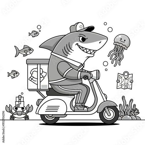 Funny Shark Character Delivering Package on Scooter Underwater