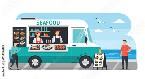 Modern vector illustration of seafood food truck near harbor serving grilled fish and shrimp. Coastal travel street food concept with tourists, outdoor dining and seaside lifestyle scene