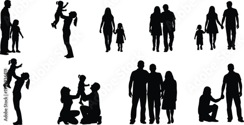 Black Silhouette Set of Families Walking People Sitting in Chairs Saluting Military Officers Standing Dairy Cow and Man Walking Forward Vector Illustration