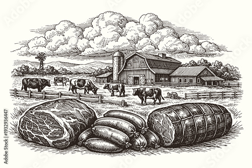 Vintage engraving style black and white vector illustration of rural farm livestock and assorted meat cuts in detailed line art composition set.