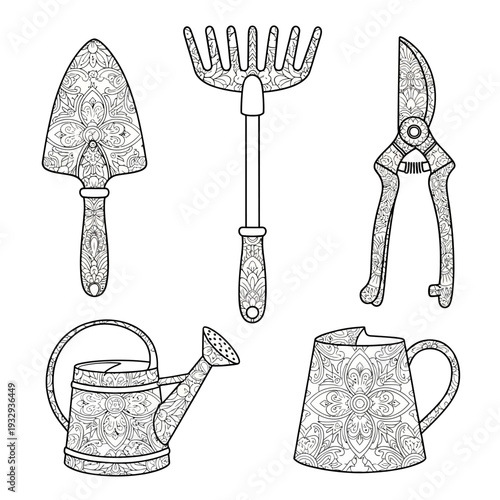 Gardening Tools Set: Trowel, Rake, Secateurs, Watering Can, Pitcher - Line Art