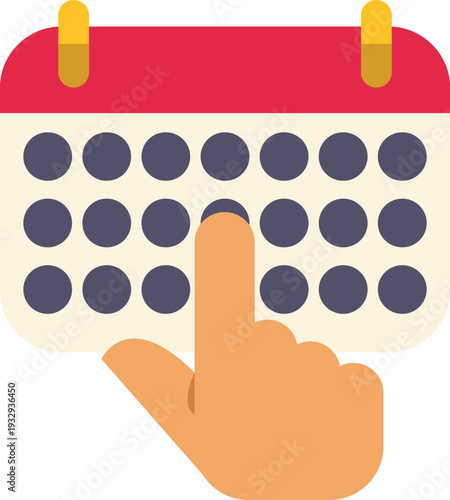 Flat vector illustration of a hand pointing to a chosen date on a simple monthly calendar