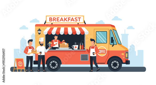 Modern vector illustration of breakfast food truck serving coffee and pancakes during morning rush hour. Mobile street cafe business concept with commuters buying takeaway food in city scene