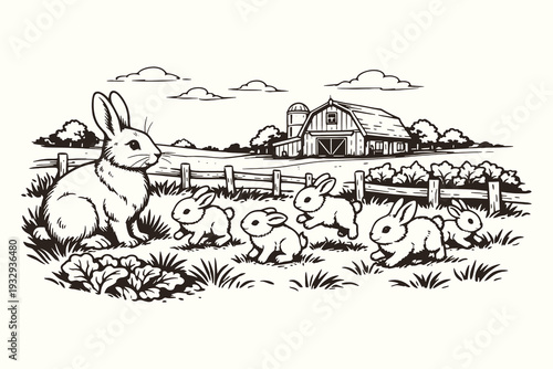 Vintage engraving line art vector illustration of rabbit family near farmhouse fence, detailed black and white countryside sketch
