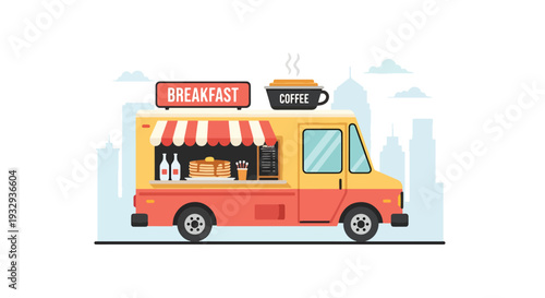 Modern vector illustration of breakfast food truck serving coffee and pancakes during morning rush hour. Mobile street cafe business concept with commuters buying takeaway food in city scene