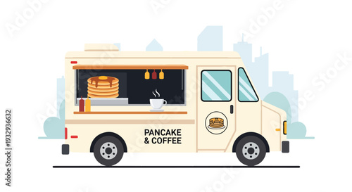 Modern vector illustration of breakfast food truck serving coffee and pancakes during morning rush hour. Mobile street cafe business concept with commuters buying takeaway food in city scene