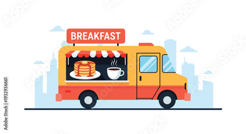 Modern vector illustration of breakfast food truck serving coffee and pancakes during morning rush hour. Mobile street cafe business concept with commuters buying takeaway food in city scene