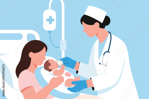 Cartoon Vector of a Nurse Checking a Mother and Her Baby in a Hospital Illustration Creative Design Template 
