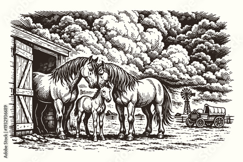 Vintage engraving line art vector illustration of horses and foal near barn, detailed black and white countryside farm sketch