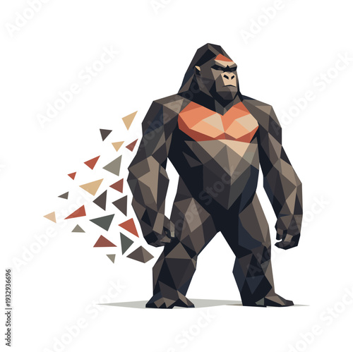 Low-poly vector illustration of a gorilla settling after the chest beat, tall confident angular stance with arms lowering and