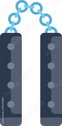 Flat design illustration of a nunchaku weapon featuring dark handles and a light blue chain