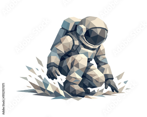 Low-poly vector illustration of an astronaut landing after the moon jump, knees bent in a controlled angular impact stance,
