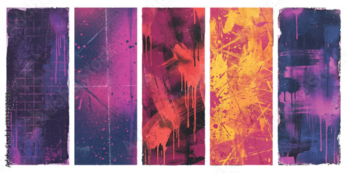 Set of five abstract vertical banners with vibrant graffiti splatter, grunge textures, and colorful street art style vector illustration