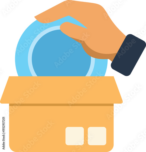 Illustration of a hand placing a blue item into an open cardboard shipping box