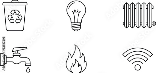 Black and white vector icons of recycling bin, light bulb, radiator, water faucet, flame, and Wi-Fi signal, symbolizing household utilities, energy, sustainability, and connectivity services.