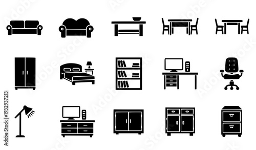 Black Silhouette Home and Office Furniture Icon Set
