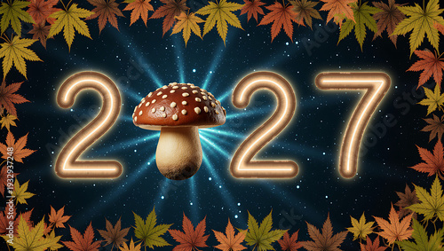Glowing 2027 text with a mushroom replacing the zero, framed by colorful autumn leaves on a dark starry background. Creative fall season concept for the year 2027.