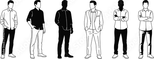 Black Silhouette Set of Families Walking People Sitting in Chairs Saluting Military Officers Standing Dairy Cow and Man Walking Forward Vector Illustration