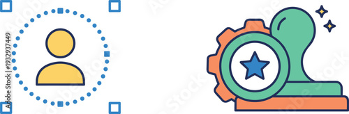 Colorful vector illustration of user profile identification icon with dotted circle and certification stamp with gear, star, and sparkles, symbolizing validation, approval, and quality assurance.