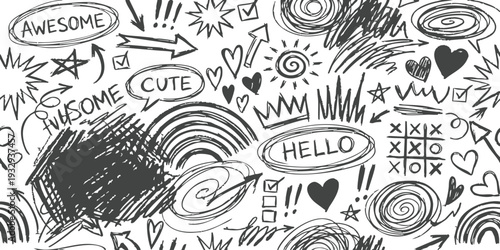 Hand drawn doodle background with creative sketches hearts stars speech bubbles and arrows in black ink vector illustration