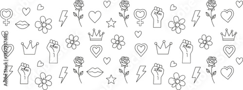 Seamless pattern of feminist symbols, raised fists, roses, hearts, stars, crowns, lips, and flowers, representing empowerment, activism, love, beauty, and strength in design.