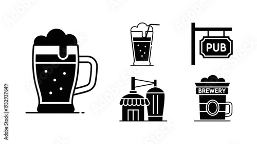 Collection of pub and brewery icons featuring beer glass and building illustrations