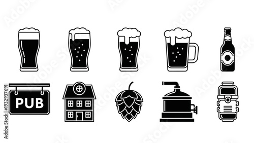 Beer glasses, pub sign, hop illustration, beer tap, and bottle icons in a collection of black and white graphic elements