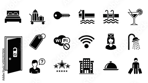 Collection of Hotel Service Icons Featuring Key Services and Amenities