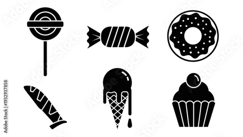 Assorted sweet treats including lollipops, candies, and desserts displayed together in a simple graphic illustration