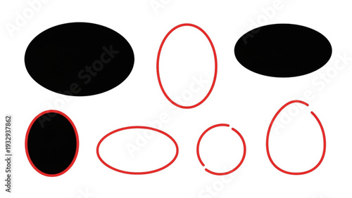 Abstract composition of black and white ellipses in a grid pattern, viewed from directly above, featuring various shapes and sizes