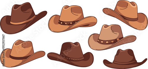 Classic Western Cowboy Hat Vector Set with Brown Leather Textures and Ornamental Bands for Wild West, Rodeo, Country Music, and American Heritage Designs