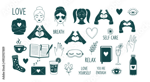 Self-Care Self-Love Wellness Mindfulness Vector Icons Collection for Mental Well-being