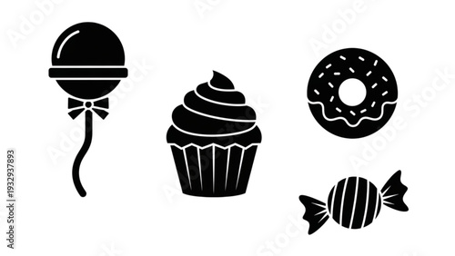 Collection of sweet treats including lollipop, cupcake, donut, and candy icons