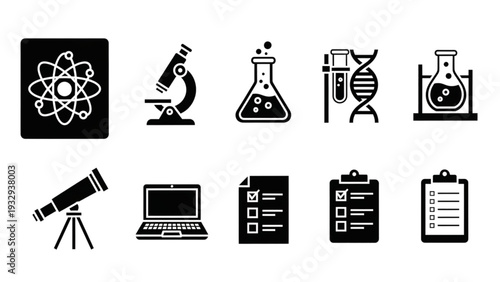 Scientific icons representing research and data collection in a modern laboratory setting from a straightforward viewpoint