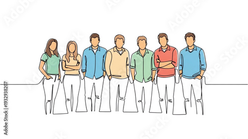 Diverse group of young adults standing together in a line, facing forward, wearing casual clothing, in a minimalist illustration style, on a plain background, from a frontal viewpoint