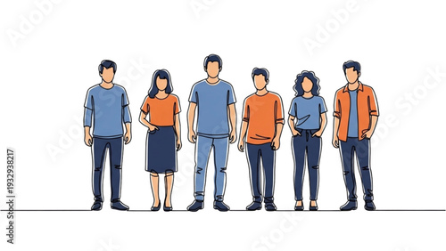 Diverse group of people standing together in a line, showcasing unity and togetherness in a simple illustration