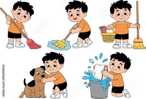 Cute Little Boy Daily Chores Cartoon Vector Set Featuring Sweeping, Mopping, Washing Dishes, and Caring for Pet Dog