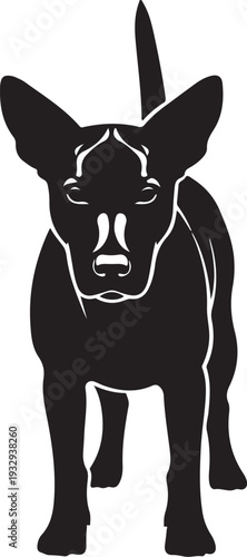 A black silhouette of a dog with a pointed ear and a unique facial expression