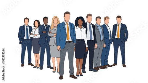 Diverse Professionals Standing Together in Business Attire in a Modern Office Environment from a Front Viewpoint