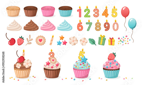 Pastel birthday cupcake set with candle numbers for party invitations and cards