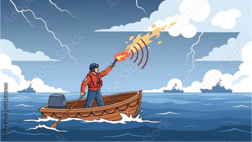 Man standing in wooden boat firing distress signal into stormy sea with warships in the distance