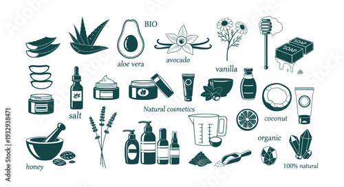 Pure Natural Organic Beauty Products Skincare Ingredients Eco-Friendly Cosmetic Icons Vector