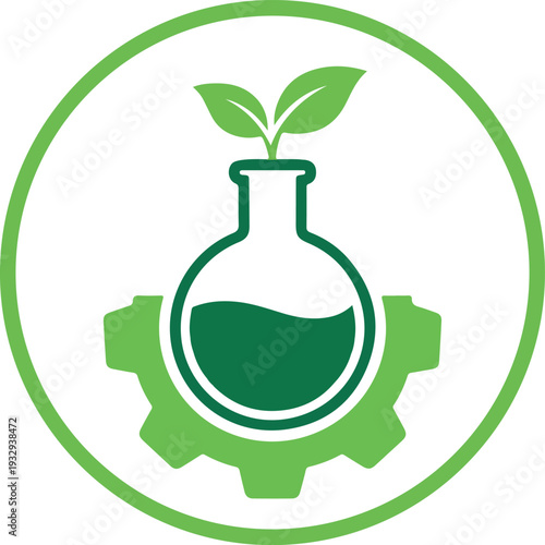 A green logo with a plant growing out of a beaker